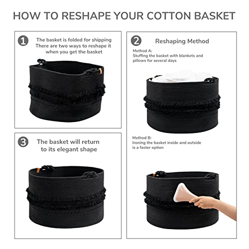 CherryNow 90L Large Woven Rope Blanket Basket with Tassel, 22" x 14", Black - color: Black, size: 83L (22"W x 14"H)