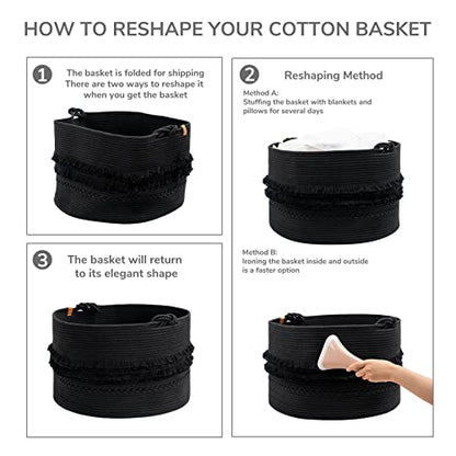 CherryNow 90L Large Woven Rope Blanket Basket with Tassel, 22" x 14", Black - color: Black, size: 83L (22"W x 14"H)