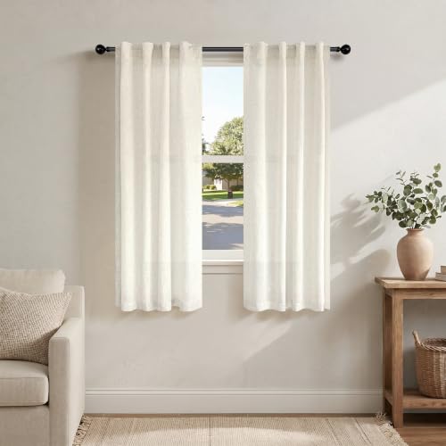 Pitalk Linen Semi Sheer Curtains 63 Inch Length 2 Panels Light Filtering Neutral Window Bedroom Curtain Farmhouse Boho Back Tab Rod Pocket Cream Ivory Drapes for Living Room Dining Room 34 x 63 Long - color: Natural, size: 34"W x 63"L (Pack of 2)