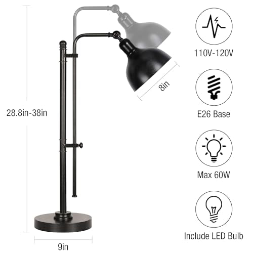 PARTPHONER Industrial Adjustable Desk Lamp for Home Office, Farmhouse Table lamp 29''-38'', Rustic Metal Task Desk Lamp in Aged Bronze Finish, Vintage Reading Lamp for Study Room，Black - color: Black