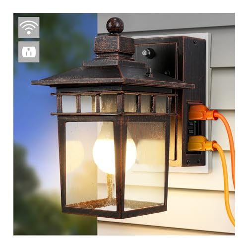 Porch Light with GFCI Outlet, 2 Pack Dusk to Dawn Outdoor Wall Lights | Anti-Rust Waterproof Aluminum,Construction, Tempered Glass & E26 Socket Outside Lights for House Garage, Black & Bronze Gold - color: Antique Black and Bronze Gold, size: 1-Pack-Dusk