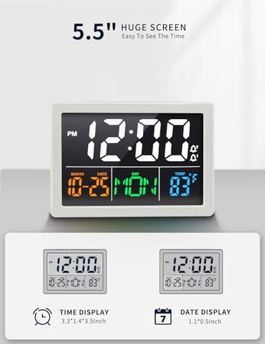 JALL Digital Clock with Date Day for Seniors, Electric Alarm Clocks for Bedrooms with Temperature, 2 Alarms, Dimmer, Dual USB Charger, Battery Backup, Volume Control, Snooze, Bedside Desk Clock, White - color: White