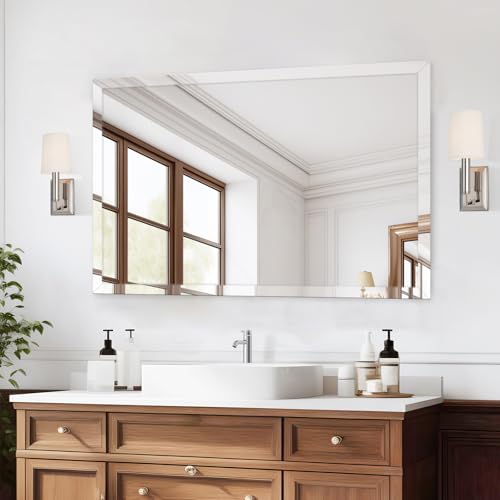 40x30 Inch Rectangle Frameless Mirror, Beveled Bathroom Mirror - size: 40"L x 30"W