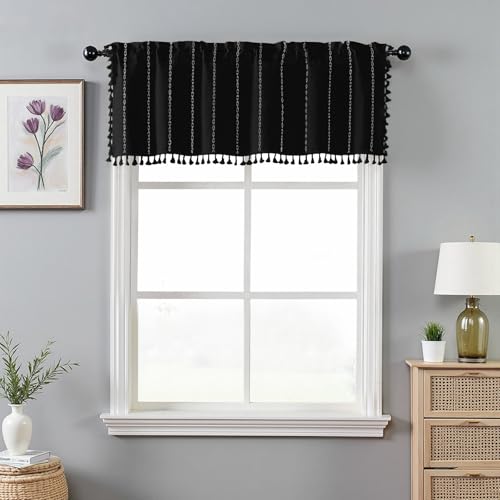 BTTN Small Boho Linen Striped Window Valance Curtain, 52Wx18L, Black - color: Black, size: 52"W x 18"L (Pack of 1)