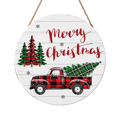 Merry Christmas Door Sign,ChristmasTree Decorations Wooden Holiday Hanging Sign for Front Door, Winter Decorations for Home Garden Christm New Year 12"x12" - color: Christmas-style truck