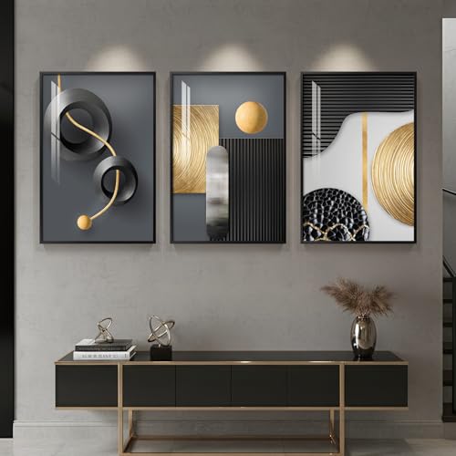 Framed Black and Gold Modern Abstract Wall Art for Living Room, 24x36 In - color: Black Gold Structure Set, size: 24" W x 36" H x 3 pieces