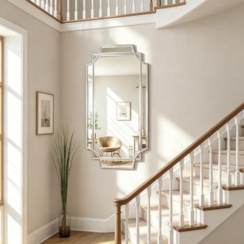 47"x24" Large Rectangle Beveled Mirror with Silver Geometric Frame - color: Silver, size: 47"L x 24"W