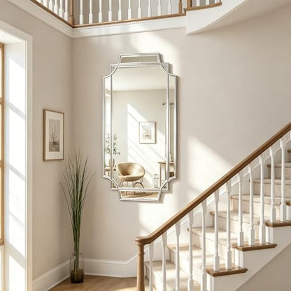 47"x24" Large Rectangle Beveled Mirror with Silver Geometric Frame - color: Silver, size: 47"L x 24"W