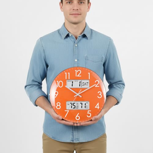 Nbdeal 13-Inch Analog Silent Wall Clock with Calendar Temperature & Humidity (Orange) - color: Orange