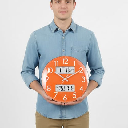 Nbdeal 13-Inch Analog Silent Wall Clock with Calendar Temperature & Humidity (Orange) - color: Orange
