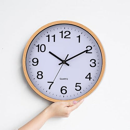 Wall Clock 12 Inch Wooden Frame Glass Cover Non-Ticking Number Quartz Modern Quartz Design Decorative Bedroom Kitchen Office Classroom Light Brown - color: Light Brown