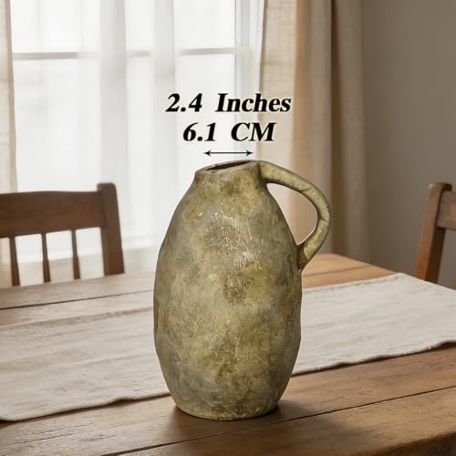 Rustic Ceramic Vase with Handle, 10.3 Inch, Handmade Decor, Beige - color: Beige