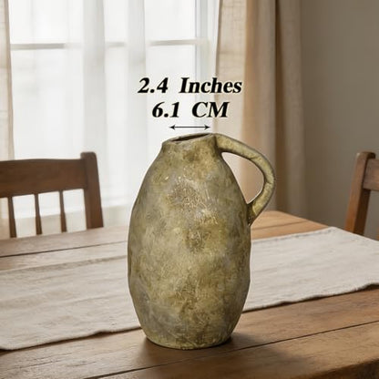 Rustic Ceramic Vase with Handle, 10.3 Inch, Handmade Decor, Beige - color: Beige