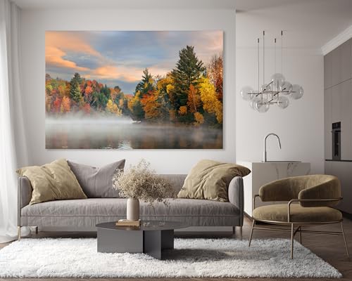 Nature Wall Art Prints - Ocean Forest Mountain Lake Canvas Landscapes - Small to Extra Large Living Room Bedroom Kitchen Bathroom Décor (Misty Fall Reflection, 24"L x 36"W) - color: Misty Fall Reflection, size: 24"L x 36"W