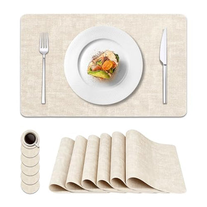 NCUE Vinyl Placemats Set of 6, 17"x12" Wipeable Place Mats with Coasters - color: Beige, size: Set of 6