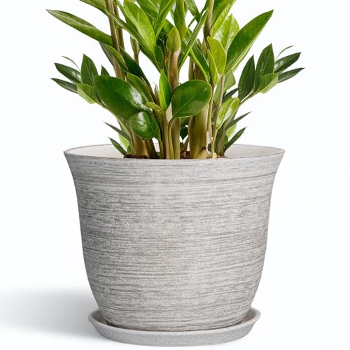 Ceramic Flower Pots, 10 Inch Plant Pot with Saucer, Grey - color: Grey-white, size: 10 Inch