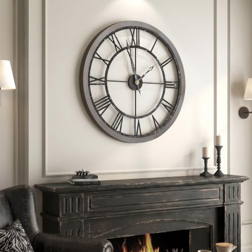 Cuspin 30 Inch Large Wall Clock Rustic Industrial Wood Frame Roman Numeral - color: Wood Industrial Roman, size: 30 Inch