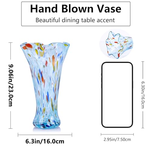 9.0" H Aqua Blue Glass Vases for Flower, Unique Hand Blown Glass Vase - color: Aqua