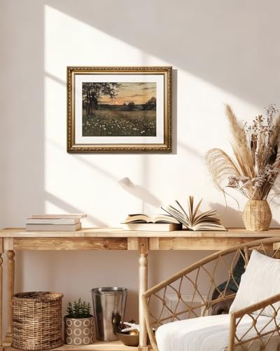 VIYYIEA Gold Framed Meadow Landscape Wall Art Canvas Painting, 13×16 Inch - color: Sunset Meadow Landscape, size: 16"L x 13"W