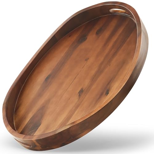 TIDITA Acacia Oval Wooden Serving Tray with Handle, 20"x15", Walnut Color - color: Walnut, size: 20" x 15" x 2.2"