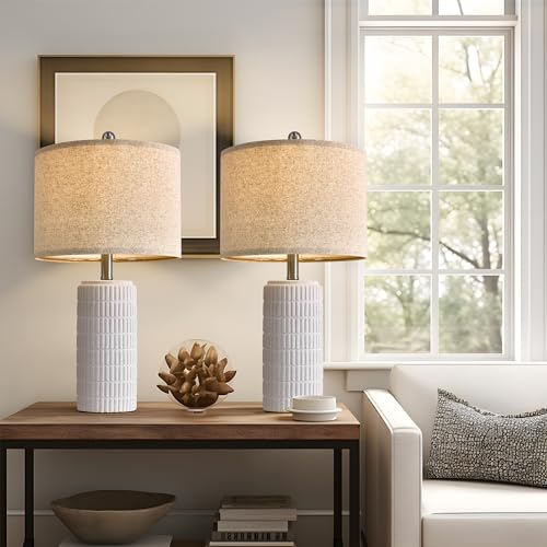 PoKat 23" Table Lamp, Farmhouse Bedside Lamps for Bedroom Set of 2, Ceramic End Table Lamps for Living Room, Traditional Nightstand Desk Lamps, Frosted White Lamps, Medium - color: Frosted White
