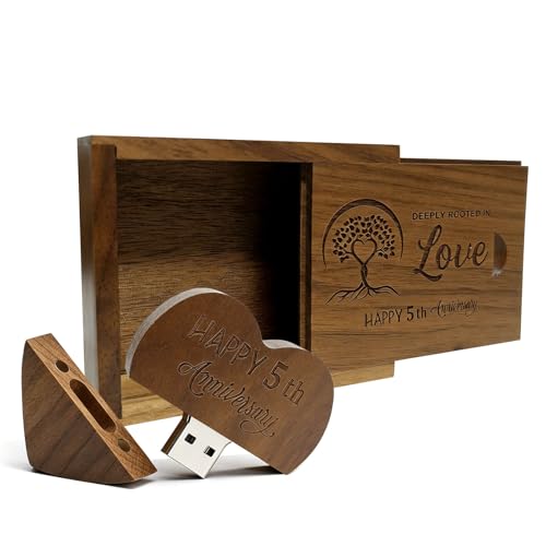 Wood USB Flash Drive 32GB USB3.0 with Box for 5 Year Anniversary (Heart) - color: Walnut(WED Heart USB+box-S), size: 32GB-3.0