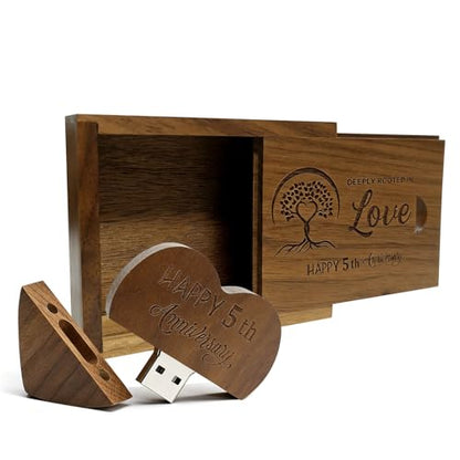 Wood USB Flash Drive 32GB USB3.0 with Box for 5 Year Anniversary (Heart) - color: Walnut(WED Heart USB+box-S), size: 32GB-3.0