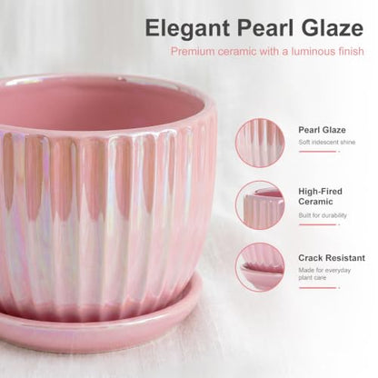 Pink Plant Pots，Ceramic Planters with Drainage Holes and Saucers Set of 3 - color: Pink