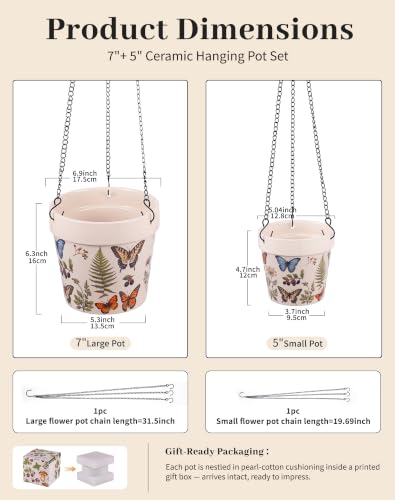 Stoneware Hanging Planters Set of 2,Large 7" + Small 5" - color: Set 2-butterfly Garden