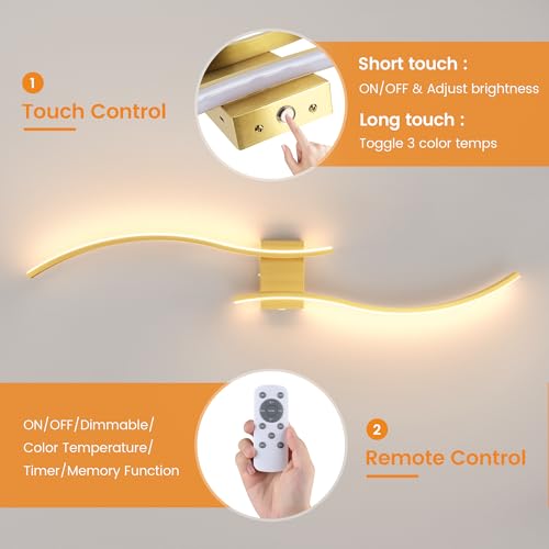 VOLISUN Battery Operated Wall Sconces Set of Two, 39.4 inch Wireless Wall Sconces, 3000K-6500K Dimmable Wall Lamps with Remote, Rechargeable Gold Wall Lights for Living Room, Hallway, Bedroom - color: Gold, size: 39.4 INCH