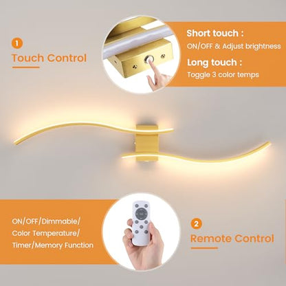 VOLISUN Battery Operated Wall Sconces Set of Two, 39.4 inch Wireless Wall Sconces, 3000K-6500K Dimmable Wall Lamps with Remote, Rechargeable Gold Wall Lights for Living Room, Hallway, Bedroom - color: Gold, size: 39.4 INCH