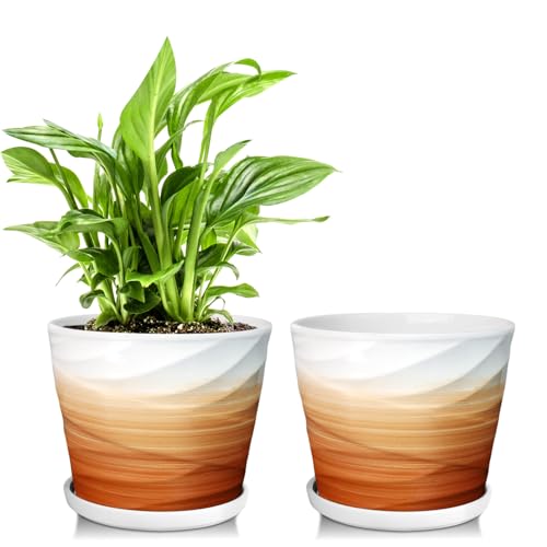 6 Inch Ceramic Plant Pot(6.7 in Diameter,2 Pack) - color: Khaki + White, size: 6.7 Inch-2 Pack