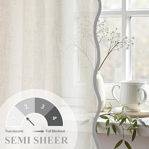 DriftAway Semi Sheer Scalloped Edge Linen Coastal Beach Window Curtains for Living Room Bedroom 2 Panels Rod Pocket Each Size 52 Inch by 96 Inch Gray - color: Linen Gray, size: 52"W x 96"L (Pack of 2)