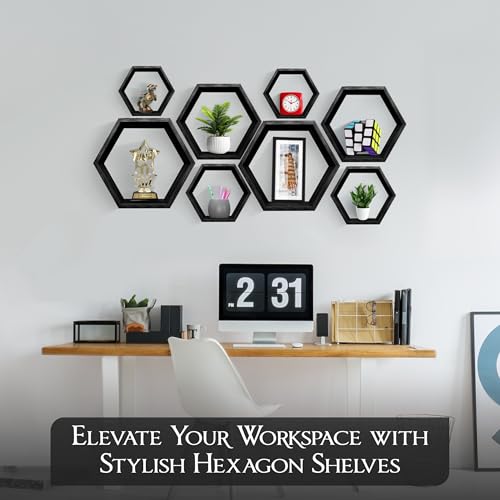Hexagon Floating Shelves Set of 8 Honeycomb Shelves for Wall, Wooden Hexagon Shelves for Farmhouse Storage - color: Carbonized Black