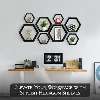 Hexagon Floating Shelves Set of 8 Honeycomb Shelves for Wall, Wooden Hexagon Shelves for Farmhouse Storage - color: Carbonized Black