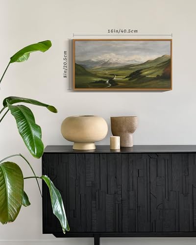 SHENIFY Vintage Framed Wall Art Mountain Range Valley River Landscape Painting Retro Meadow Scenery Farmhouse Kitchen Living Room Decor - 8x16in Natural Framed - color: Mountain Range, size: 16"L x 8"W