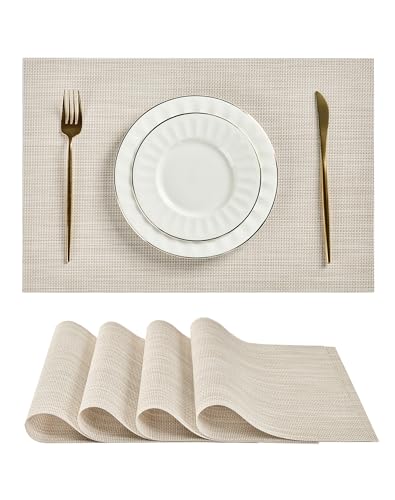 Beige White Placemats Set of 4 - Heat Resistant Non-Slip Place mats for Dining Table, Washable Durable PVC Vinyl Woven Table Mats(Beige White, 4) - color: C1- Beige White, size: Set of 4