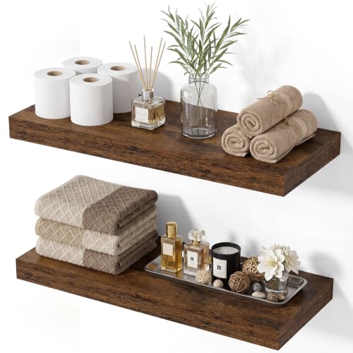 Floating Shelves for Wall, 16 Inch Wall Mounted Storage and Display for Living Room, Bedroom, Kitchen, Bathroom Set of 2 Rustic Brown - color: Retro Brown, size: 16 Inch