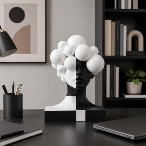 Checkered Modern Abstract Bust Statue for Home Decor, Black and White Art Face Sculpture,Large Resin Woman Head Figurine, Decorative Objects for Bookshelf, Coffee Table, Entryway, Office Desk Decor