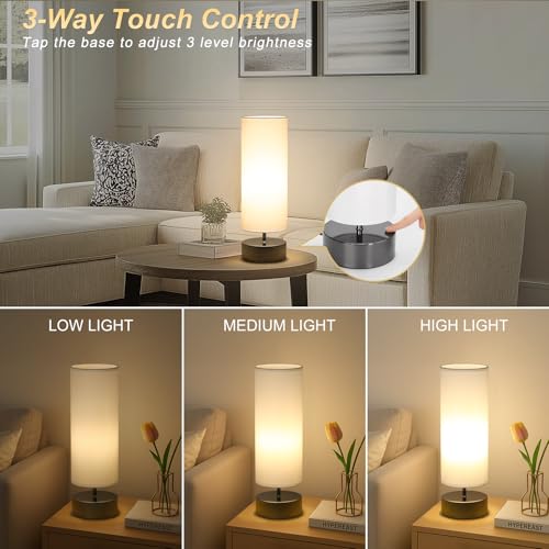 Touch Table Lamp, 3-Way Dimmable Bedside Lamp with Cylinder Fabric Shade - color: White Shade with Black Nickel Base