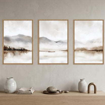 DRACIT Neutral Abstract Mountain Framed Canvas Print Wall Art Set-24"x36"x3 - color: Natural Landscape Wall Art, size: 24"L x 36"W