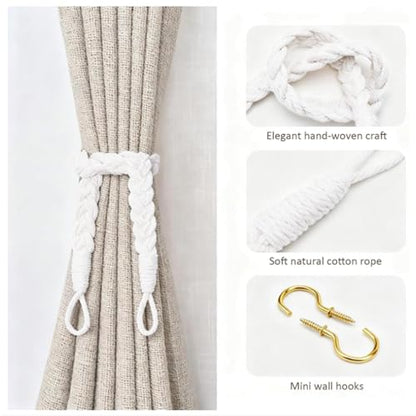 Home Queen Hand Braided Curtain Tieback, Buckle Holdback Drapery Curtain Tie Back, 2 Rope Cotton Belt Curtain Tie with 2 Metal Hooks, White - color: White, size: 2PC