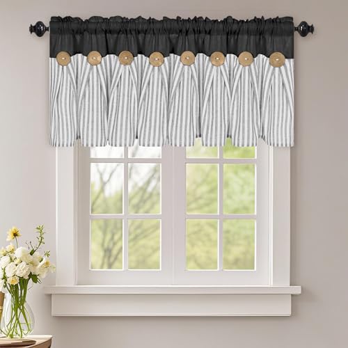 ASPMIZ Cotton Linen Kitchen Valance Curtains, Boho Rustic Button Linen Valances for Windows Farmhouse, Black with Grey Stripe Valance Window Topper Treatment Window Valances for Bathroom, 52 x 18 Inch - color: Black&grey, size: 52"W x 18"L (Pack of 1)