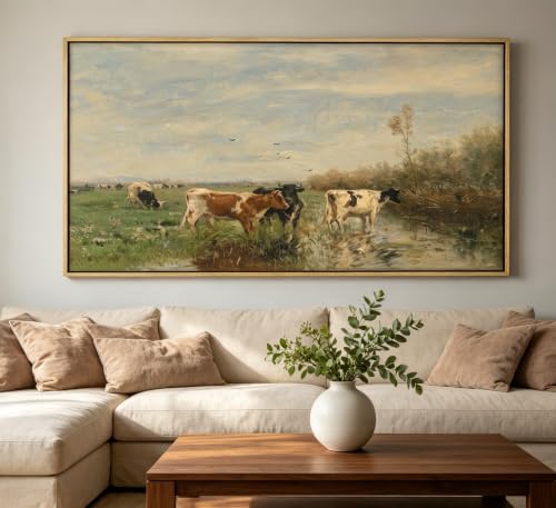 Large Wood Framed Vintage Cows Wall Art,Farm Field Landscape Canvas Print,Valley cattle herd Nature Country Painting,Picture Bedroom Wall Decor Gifts for Friends or Family - color: cow, size: 32"L x 16"W