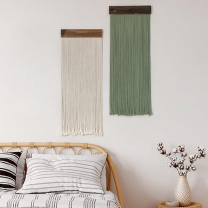 LB Beige Light Green Macrame Wall Hanging Set of 2, 12x31 Inch - color: Light Green Beige