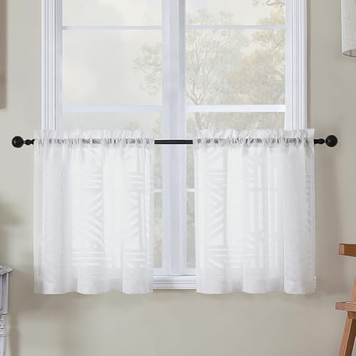 Simplebrand Sheer White Kitchen Curtains 24 Inch Length Tier Curtains 2 Panels, Light Filtering Geometric Jacquard Clip Textured Semi Sheer Short Window Curtains for Bathroom, 28x24 inch - color: White, size: 30"W x 24"L (Pack of 2)