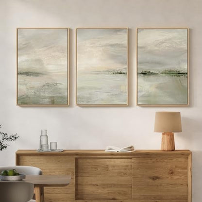 Large Framed Sage Green Abstract Landscape Wall Art, 3 Piece Set, 20x30 In - color: Warm Green, size: 20" W x 30" H x 3pcs