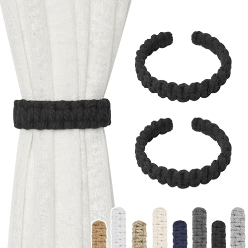 NICEEC 2 Pack Natural Cotton Rope Curtain Tiebacks Farmhouse Rustic Style Decorative Drape Tie Backs Handmade Braided Curtain Holdbacks for Home & Office Sheer/Light Weight Drapery (C-Black-S) - color: Black-small, size: 2 Pack