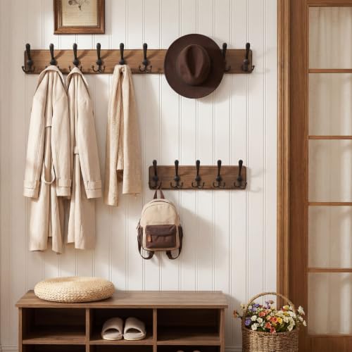 WEBI Rustic Coat Rack Wall Mount,Solid Wood Coat Hooks Wall Mounted Coat Hanger,16" Hole to Hole,Hook Rack Rail,5 Triple Hooks for Hanging Coats,Jacket,Clothes,Farmhouse,Brown - color: Brown, size: 5 Hooks