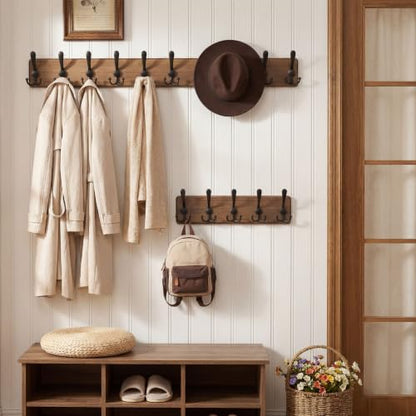 WEBI Rustic Coat Rack Wall Mount,Solid Wood Coat Hooks Wall Mounted Coat Hanger,16" Hole to Hole,Hook Rack Rail,5 Triple Hooks for Hanging Coats,Jacket,Clothes,Farmhouse,Brown - color: Brown, size: 5 Hooks